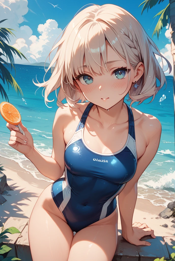 High quality、highest quality、complete limbs、Ultra high definition、vivid colors、very short hair、bob cut、Sparkling eyes、full finger、slender beauty、knee high、school swimsuit、school swimwear、surprised、resort hotel