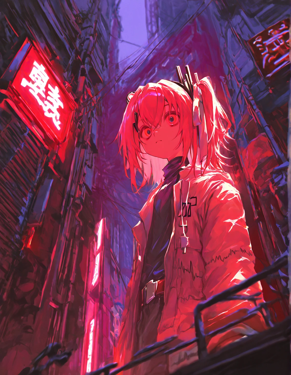 1girl, solo, loli, petite, (very_long_hair), (pink_hair:1.2), braids, (red_eyes), medium_breasts, (white_shirt:1.5), (windbreaker), (off_shoulder:1.2), (portrait), glowing_eyes, background_light, (cityscape:1.5), (pleated skirt)(neon_lights:1.2), (science), cyberpunk, ((masterpiece)), (highres), (best_quality), (highly_detailed), (original),(Delicate background),(extremely detailed 8K wallpaper),cinematic lighting, volume lighting, light particles, shaded_face, beautiful_detailed_eyes, depth_of_field, perspective,(hood:1.5),