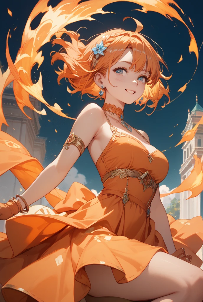 masterpiece, highest quality, so beautiful、Latest、girl, Orange Hair, short hair,Yellowish golden eyes.A defiant smile、Asian fantasy costume、Bollywood、Bold Pose、Open your hands、dance、Decoration、Blue clothes、Gorgeous and luxurious、intense dance、Turquoise clothing、Put your fingers on your body、Mouth closed