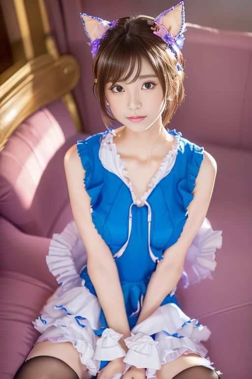A beautiful Japanese girl is depicted。She has short black hair、Big eyes are characteristic.。The background is a fantastic color scheme based on pink and blue.、Floating spheres are placed throughout、It creates a futuristic and dreamy atmosphere.。 
The beautiful girl is wearing a top made of thin, semi-transparent fabric.、The delicate sheen is reflected on the costume.。Posing with one hand on the floor、With your body leaning slightly backwards、Relaxed but looking straight into the camera、It emphasizes her presence。
As a photographic technique、It was shot in portrait mode.、By skillfully using light reflection and background bokeh effects,、It gives depth and dimension.。The overall use of soft light、Colorful bokeh in the background blends in、It beautifully expresses the ultra-realistic, live-action fantasy world.。