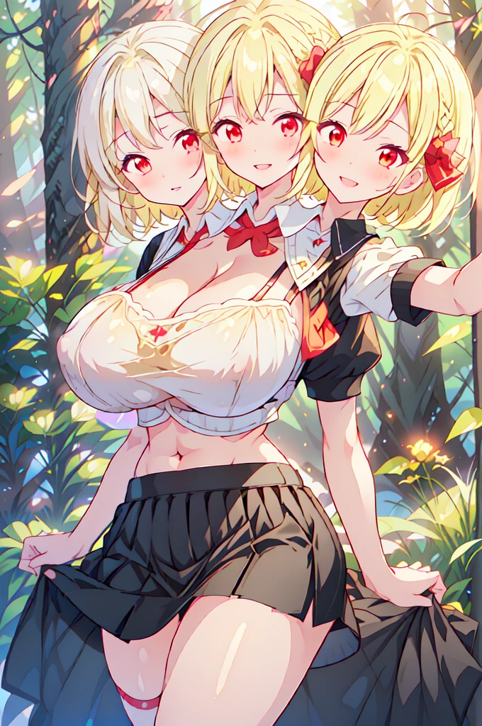 (masterpiece, best quality), best quality, (ultra-detailed), (3heads:1.5), 1girl, (rumia:1.3), masterpiece, best quality, ultra quality, ultra resolution, ultra detail, black top, crop top, ((stomach)), midriff, ((groin)), black skirt, normal ears, shackles, blonde hair, very long hair, wavy hair, short hair, red eyes, parted lips, cowboy shot, open belly, sweat, cute, toned belly, hand on own chest, eyelashes, (23 year old woman:1.3), (masterpiece:1.5), (best quality:1.5), (beautiful detailed), extremely detailed CG, extremely delicate and beautiful, depth of field, (finely detailed face), (perfect details:1.2), (mature female:1.3), wide pelvis, slender, large veiny breast, 16k resolution, highres, very high quality, very high definition, extremely detailed, masterpiece, blonde hair, long hair, alluring presence, braid, short skirt, close up, very big tits, huge tits, young, hair ribbon, red ribbon,