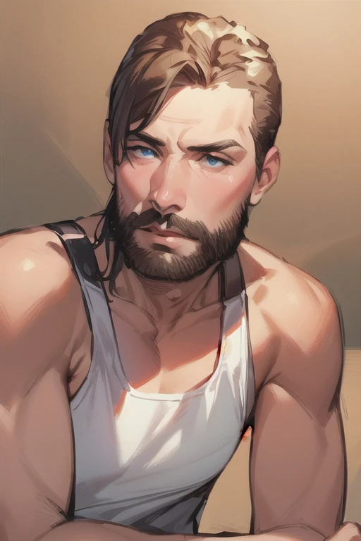Close-up of Man, Age 25, Sculpted and built, ruggedly good looking, well kept, he has some tattoos, light brown hair, a robust and sharp jawline, bright blue eyes, a narrow nose, and thin lips, wearing a black button-up shirt with the front open, showing his , blue jeans, the background is of fields and trees. Quality (masterpiece1.2), (Best quality), (Intricate details) 