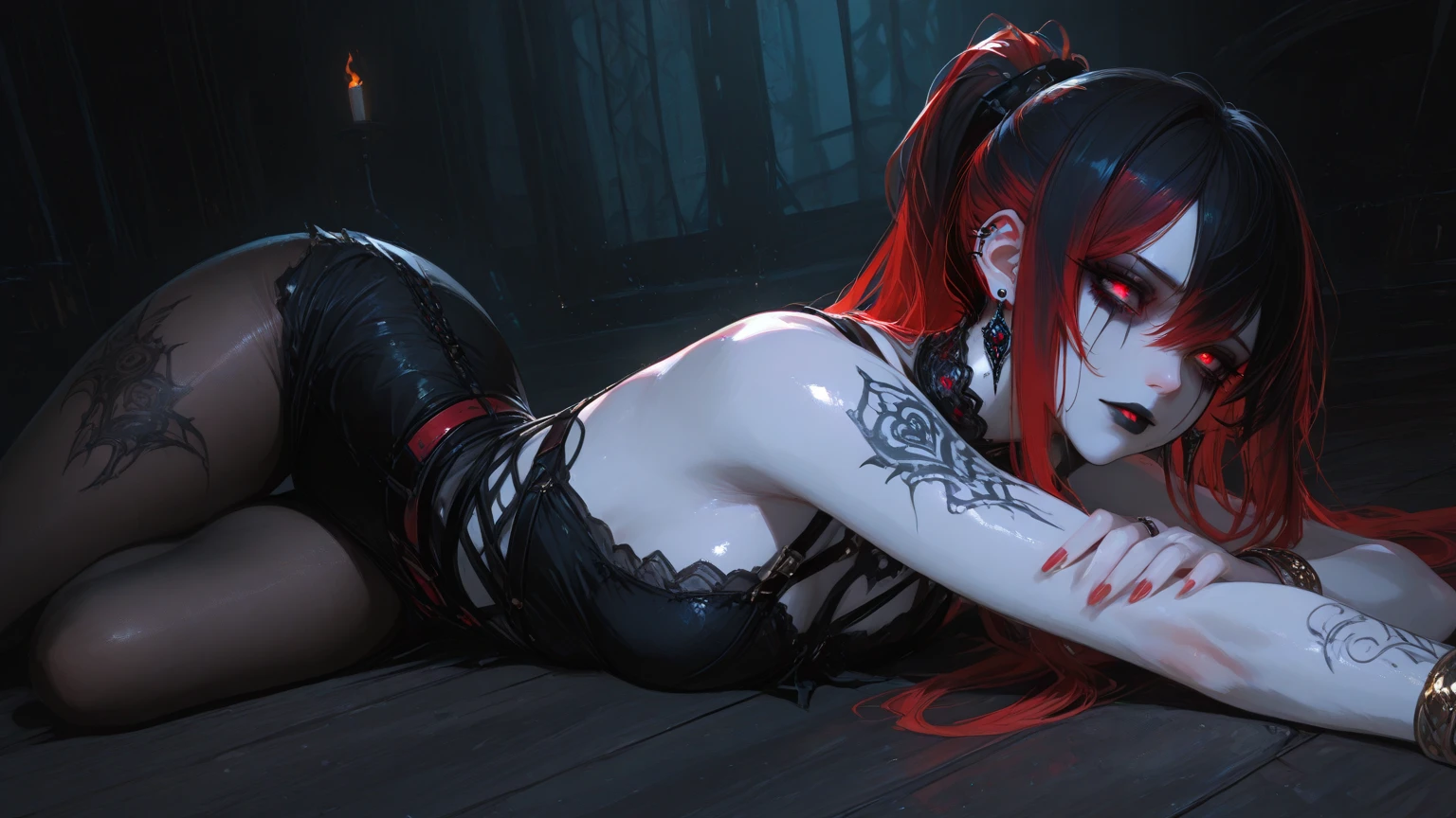 "Seductive vampire in gothic outfit., pelo rojo sangre, y colmillos de vampiro manchados de sangre.,desnuda"