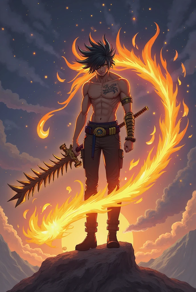 1kid boy, muscle, Full body version, 1character, purple eyes, short haircut, angry eyes, black color hair, topless, boots, Grassroots, full background in field town, motion blur, lighting, (one piece art), standing gesture, bandage, smoke effect, big fire burning in hand, plasma effect, Flames in the sky, light fire effect on hand, 