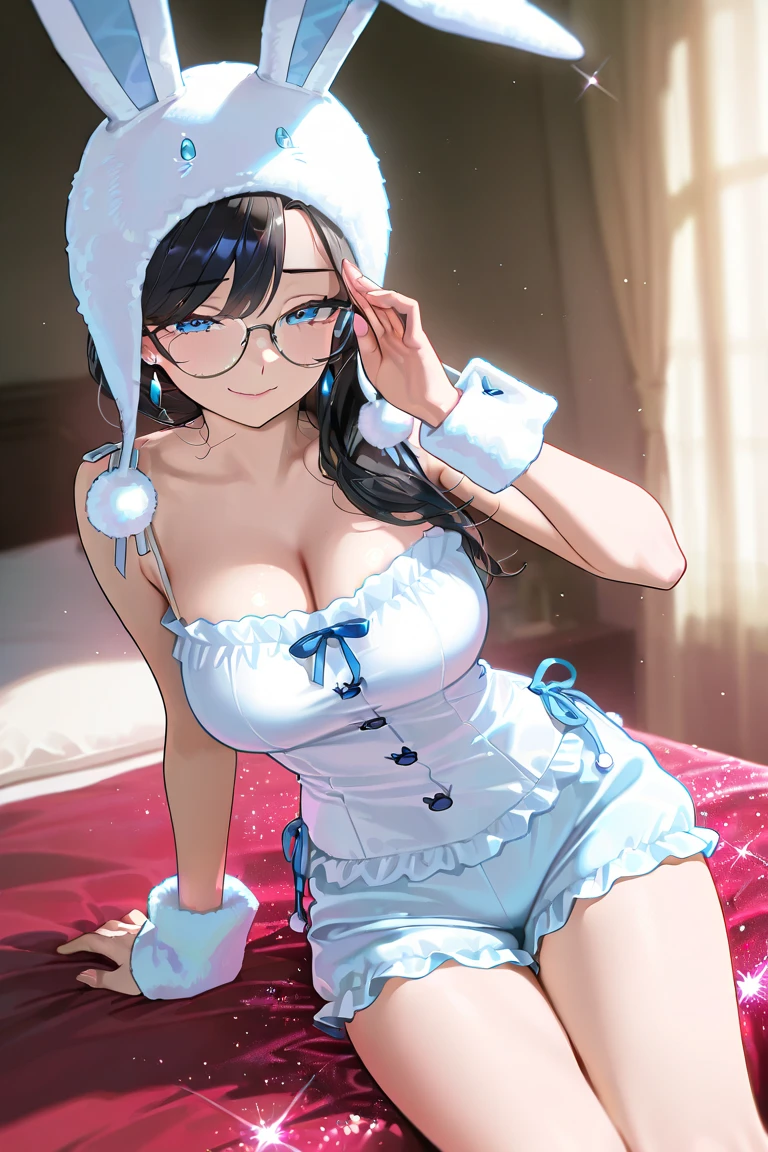Beautiful face, blue eyes, light blue pony tail hair , braid, very big tits , wearing white lingerie, straps, transparent glasses, doctor's coat
