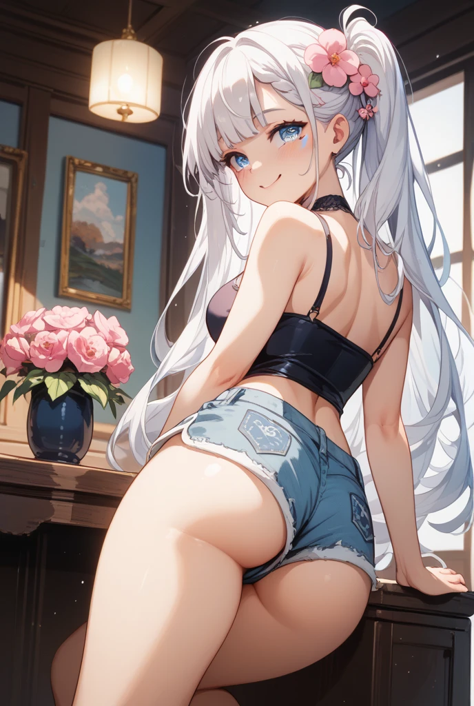 （masterpiece), (best quality), (ultra-detailed),   A beautiful anime girl standing in a room with flowers and sunshine 1 girl, solo, breasts, ass, looking at viewer, skirt, stockings, blue eyes, lacy white stockings, big breasts, underwear, thighs , silver long hair, less see-through panties, white see-through panties, back top checkered hollow, from the back, looking back, crop top, short sleeves, shirt, denim shot, white shirt, white skirt, miniskirt, plant, indoor, Pigtails, Alluring Anime Girls, Curvy Lolita
raise your arms. (photorealistic)), ((fantastic background)), Ultra-realistic, ultra-detailed, Ultra HD plus 16k resolution
