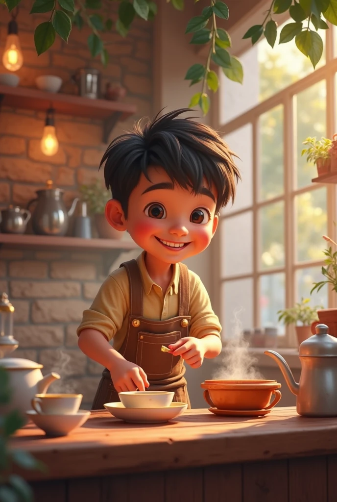 Cartoon-style boy (Ali) washing dishes in a small tea stall, steam ...