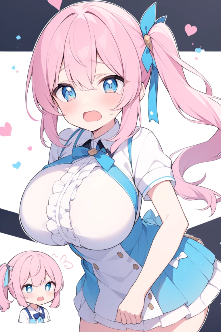 masterpiece, Highest quality, Beautiful face and eyes in every detail, Two Girls, Cute idol, Cool Idol, ((bunny girl costume)),Event Stage, (nsfw), Laughter,Large Breasts(hyper Huge breasts:1.8),grin,focus breasts,(leaning forward),blond hair,pink hair,(nipple),(hands on knee),