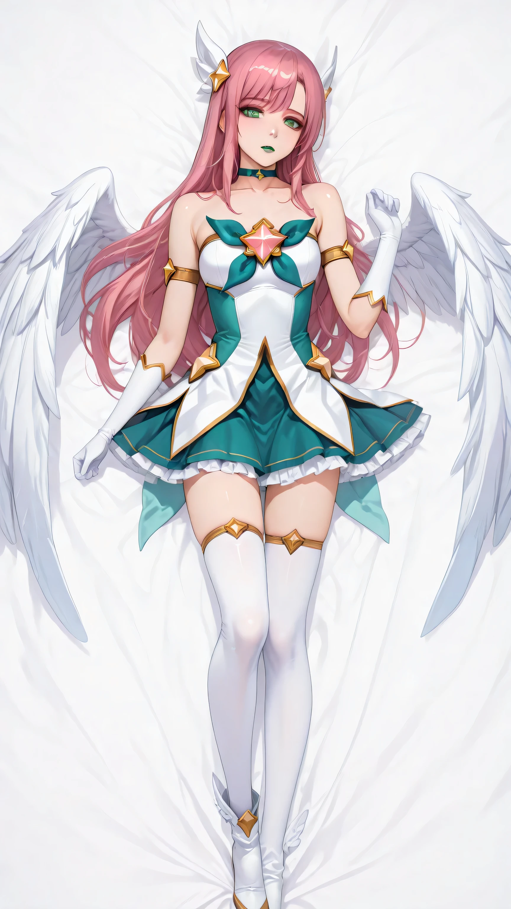 1girl,bare shoulders ,long hair, star guardian\(league of legends\),white gloves, magical girl, very long hair, armlet, skirt, wings, feathered wings, white thighhighs, elbow gloves, ,choker, alternate costume, hair ornament, collarbone, bangs, hinagiku katsura, pink long hair, green eyes, white thighhigh high heel boots, dakimakura, standing up, full body, masterpiece, green make up, green lipstick, green eyeshadow