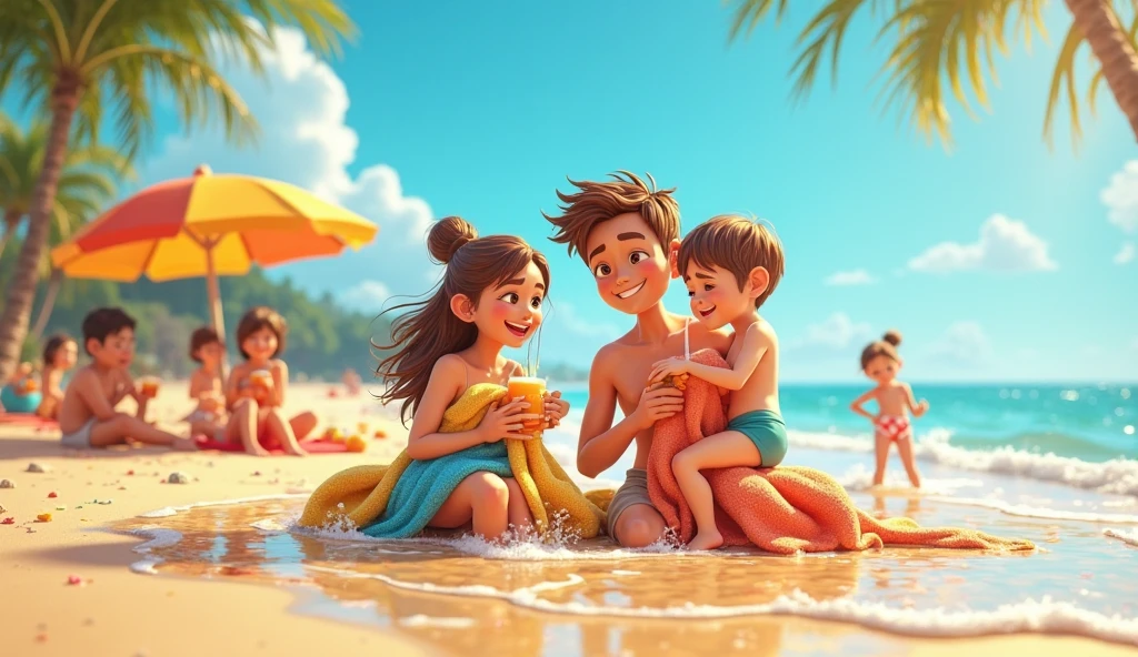 Short bald young man smiling hugging a 5 woman with very short hair on a beach on a sunny day