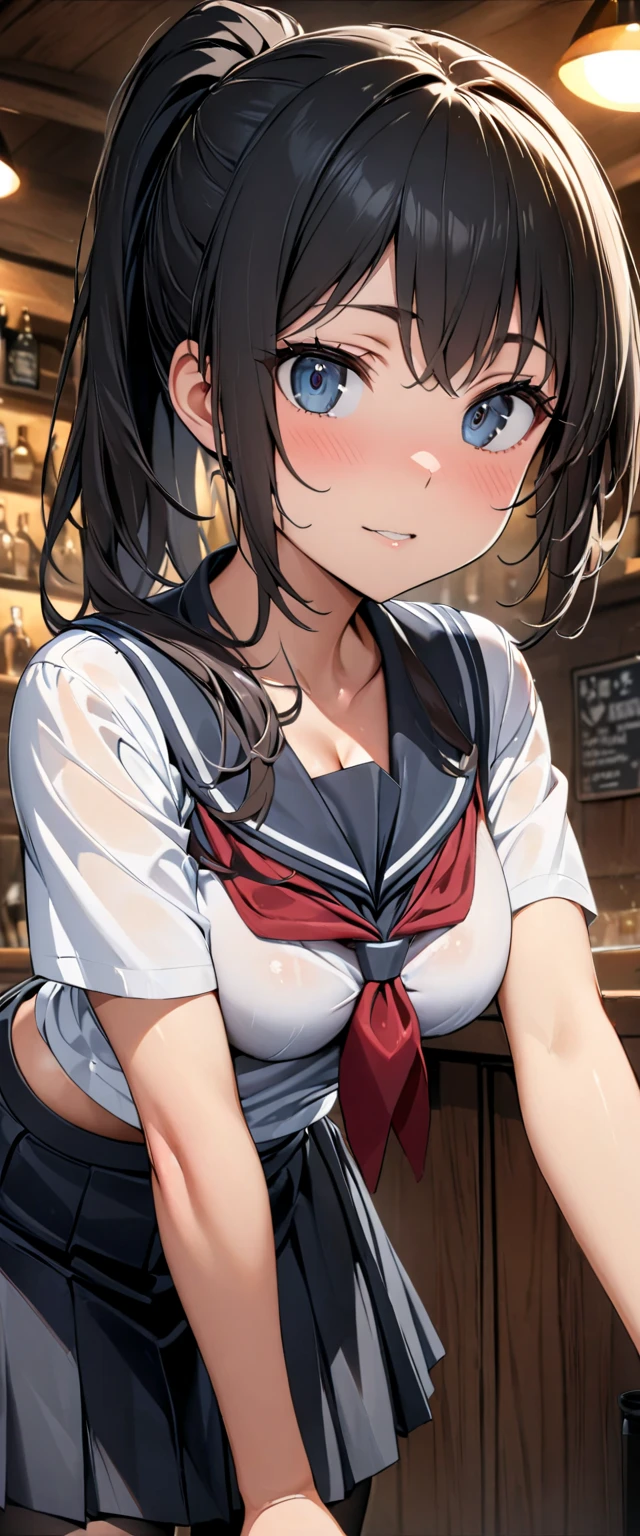 A woman in cow ears and a cow costume poses for a photo, Photorealistic perfect body,Good young girl, Boob proportions,solo、Sailor suit