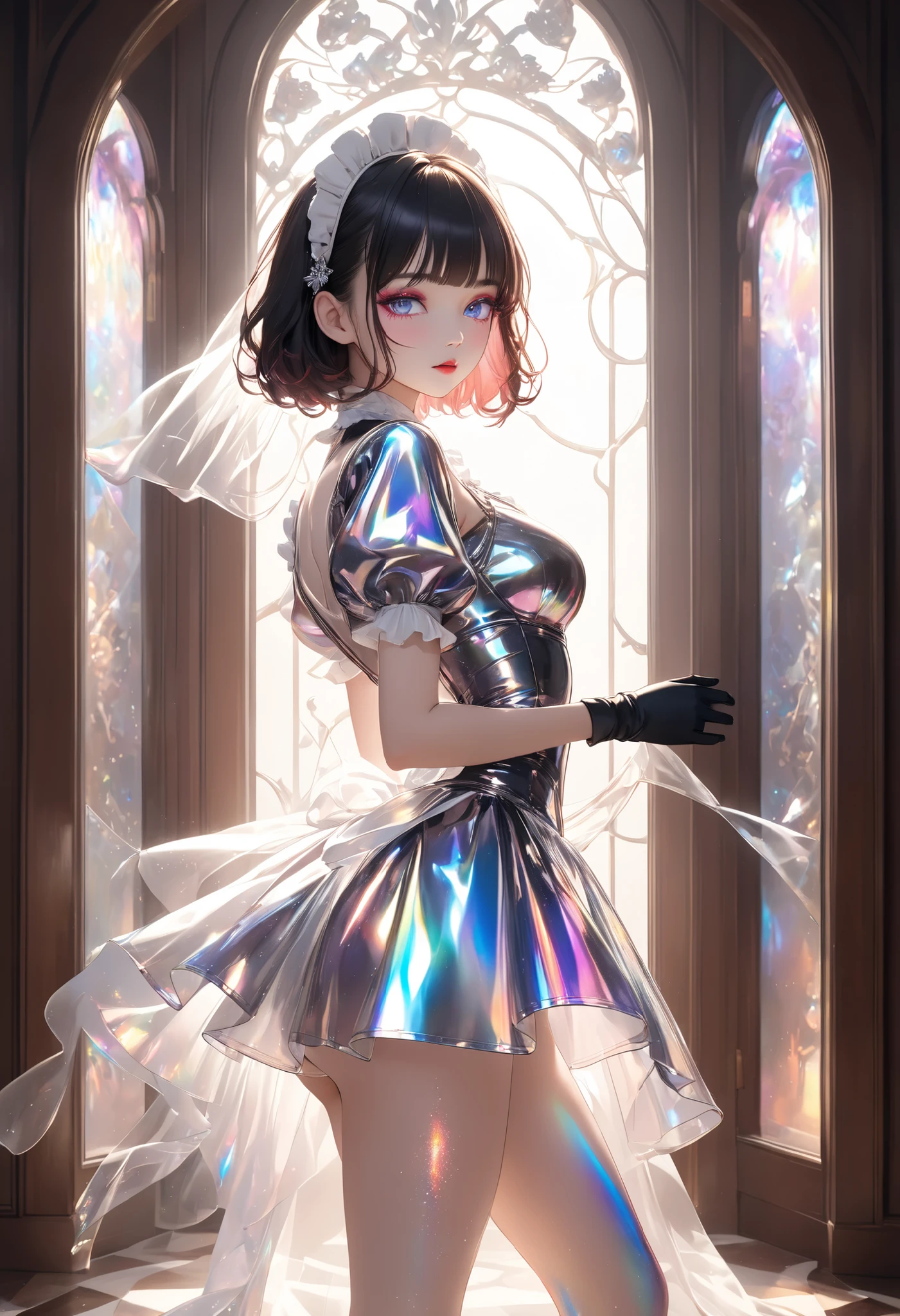 super detailed, absolute resolution, Masterpiece.
beautiful woman, red smooth silk texture,Cascading ultra-short hair, Charming eyes, make up, lascivious expression, The slutty figure ratio is great, wearing grey and black latex maid suit , Gloves, Pink heart tattoo on thigh.
standing in front of a classic-style window, Luxury Villa , bathed in transparent iridescent backlight .
Various iridescent fog glitter effects, Wonderland Worldview.
Extremely detailed portrayal, extremely sharp images, bold and dynamic , Light and shadow contrast, 2.5D, Art Photography, super realistic