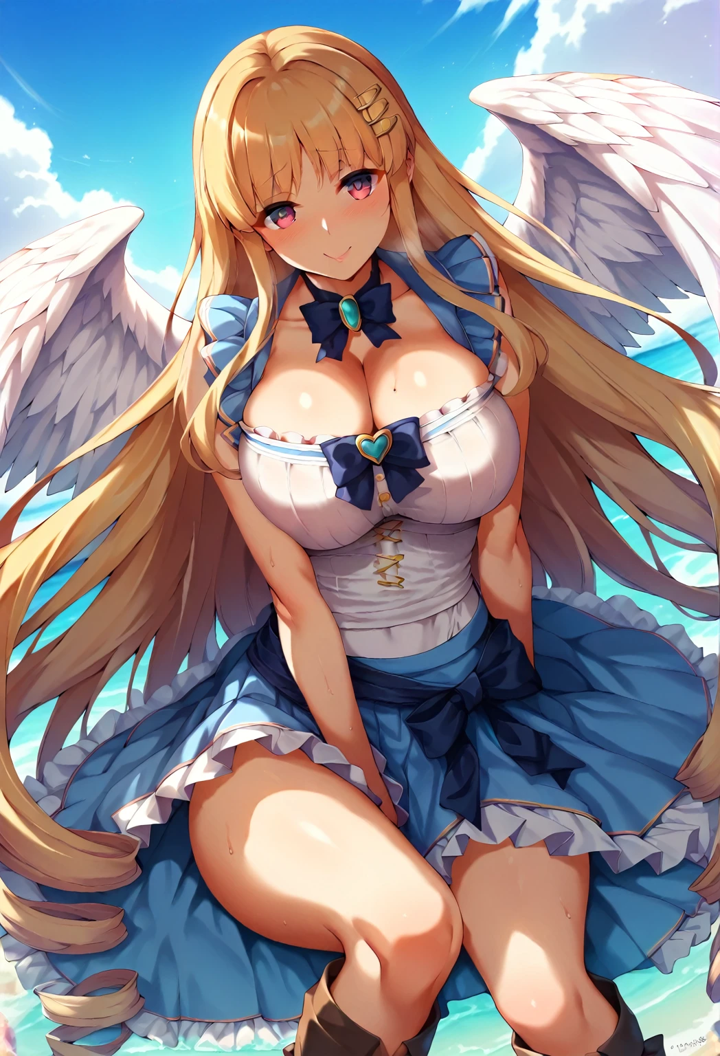 sqautting, white panties, (pov from below), angel wings, wings, BREAK corset, navel, skirt, blue skirt, garden background, astraea, anime cels style, best quality, high resolution, 1girl, (huge breasts:1.2), beautiful face, blonde hair, long hair, (red eyes:1.5), cowboy shot, smirking
