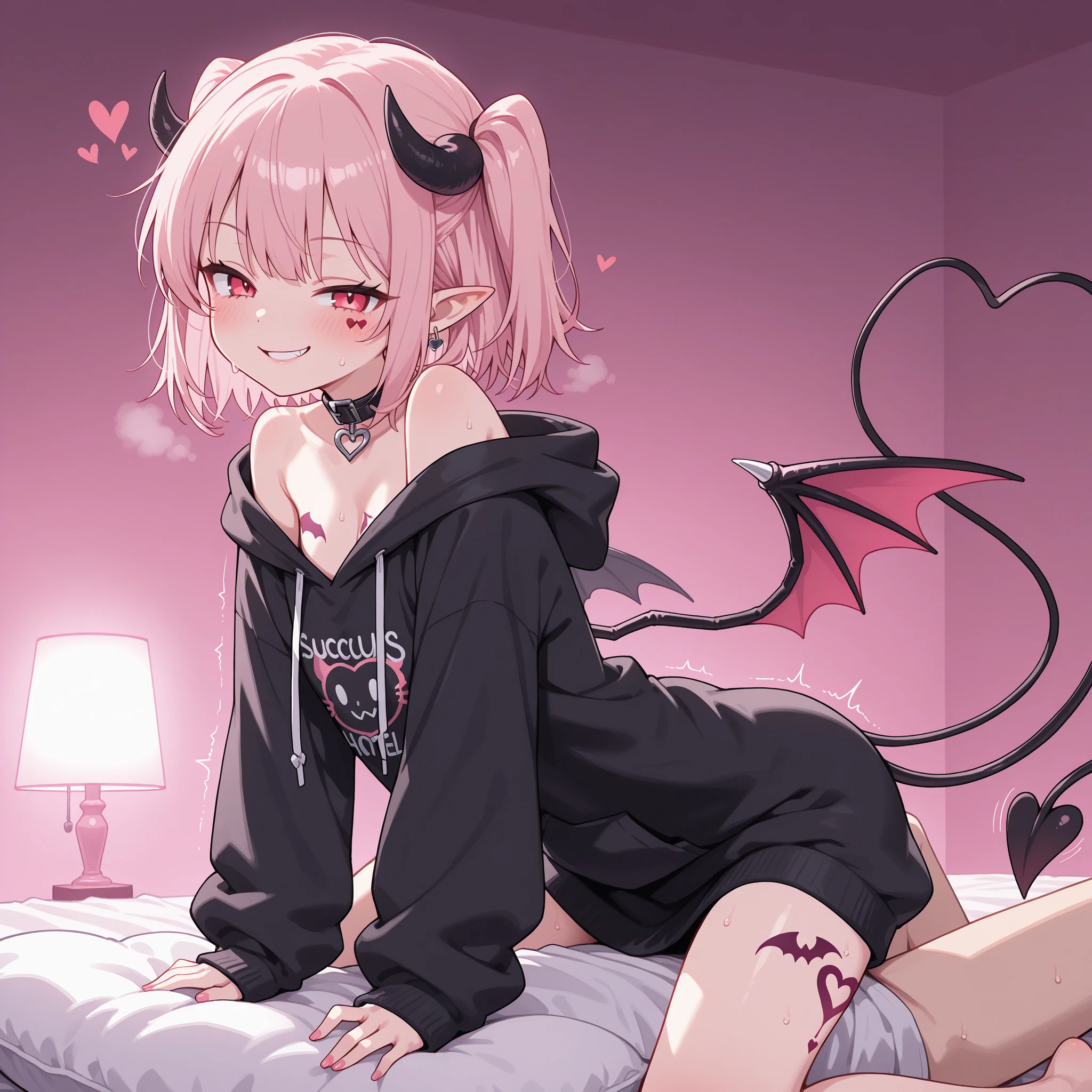 {{{masterpiece}}}, {{{best quality}}}, {{ultra-detailed}}, , {{NSFW:1.2}},、cute 、Teenager woman、(18-year-old、Pink Bob Cut、Satan, succubus、pregnancy:1.3、pubic tattoo:1.2、devil、 devilの尻尾, belly button, Black wings,、black leather skirt、、smile、steam、blush:1.5))high quality、、With background((penis:2.0、on the bed、、messy room:1.4、lamp lighting))、elaborate design、visual art、high contract、best lighting、most detailed、cinematic angle、perfect lighting、Perfect dissection、 anime style、official art