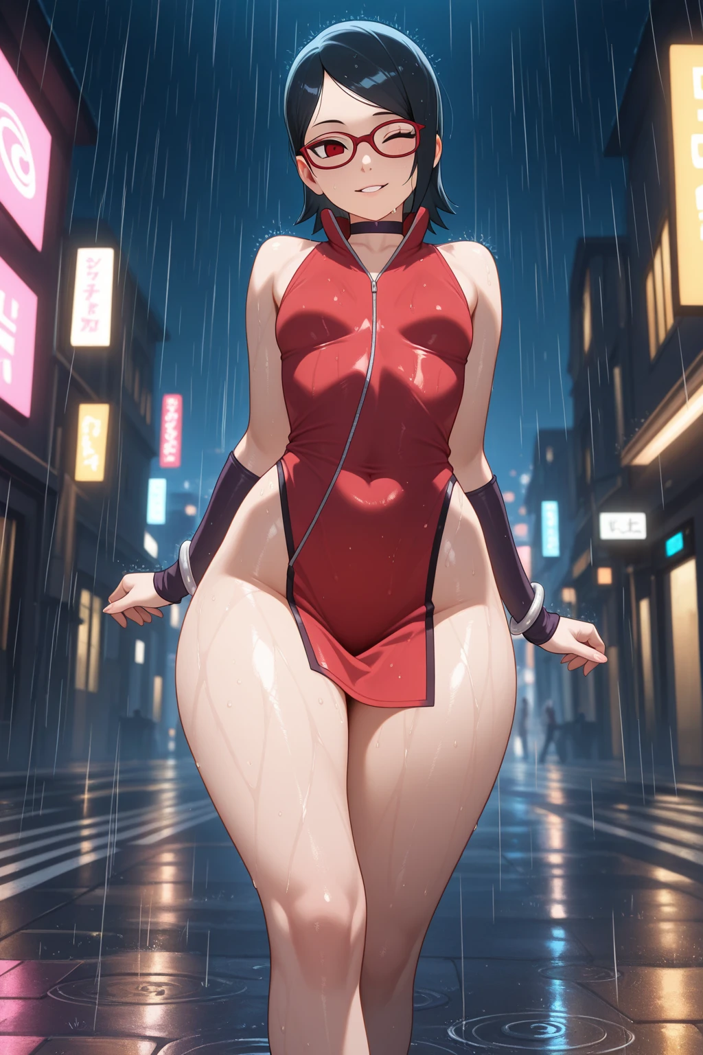 (solo:1.1),(masterpiece), (best quality:1.3), ultra detailed, intricate, professional art, digital art, absurdres, rachelroth, shadraven, 1girl, solo, bob hair, red eyes, hips wider than shoulders, pear shaped body , Shadraven with small breasts wearing long-sleeve-leotard with jewels outside at night ,universal lighting, futa overflow,
