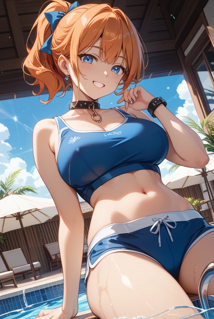super high image, super detail, super high resolution, dark blue and orange background, cute 1 girl, casual pose, facial close-up, highly detailed facial features, skinny, moist shiny lips, grinning, mischievous, (light-orange hair), messy wild short hair, hair flares outwards, green sparkling eyes, glossy dark eyeshadow, oily skin, collar, hooded sweater, shorts, sunset