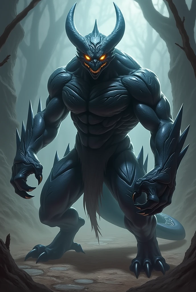 A powerful and mysterious warrior known as "Sombravil" is engaged in a fierce battle with a monstrous creature. He wears gleaming black armor with silver details that shine in the moonlight. His eyes glow with supernatural intensity, reflecting courage and determination. In one hand, he wields a long, imposing sword, slashing through the air with precision, while the other hand is enveloped in a dark magical aura, casting a powerful spell. The monstrous creature, towering over Sombravil, has scales that shimmer with an eerie light, multiple eyes glowing with malevolence, and razor-sharp claws. The background is a dense, foggy forest, adding to the sense of danger and mystery. Shadows deepen around them, and the full moon casts an eerie glow over the intense, action-packed scene