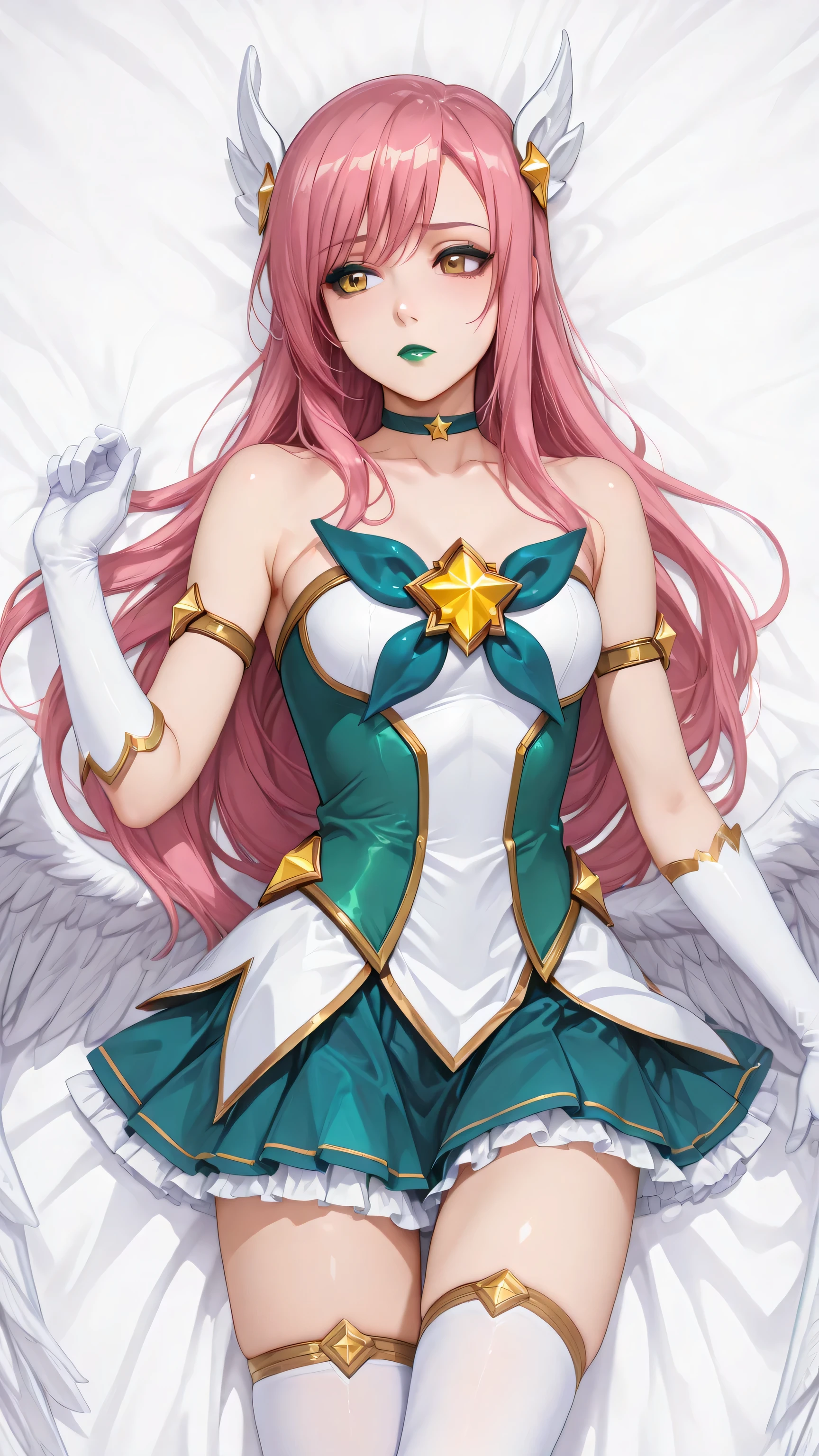 1girl,bare shoulders ,long hair, star guardian\(league of legends\),white gloves, magical girl, very long hair, armlet, skirt, wings, feathered wings, white thighhighs, elbow gloves, ,choker, alternate costume, hair ornament, collarbone, bangs, hinagiku katsura, pink long hair, yellow eyes, dakimakura, masterpiece, green make up, green lipstick, green eyeshadow, face only, high quality facial features,