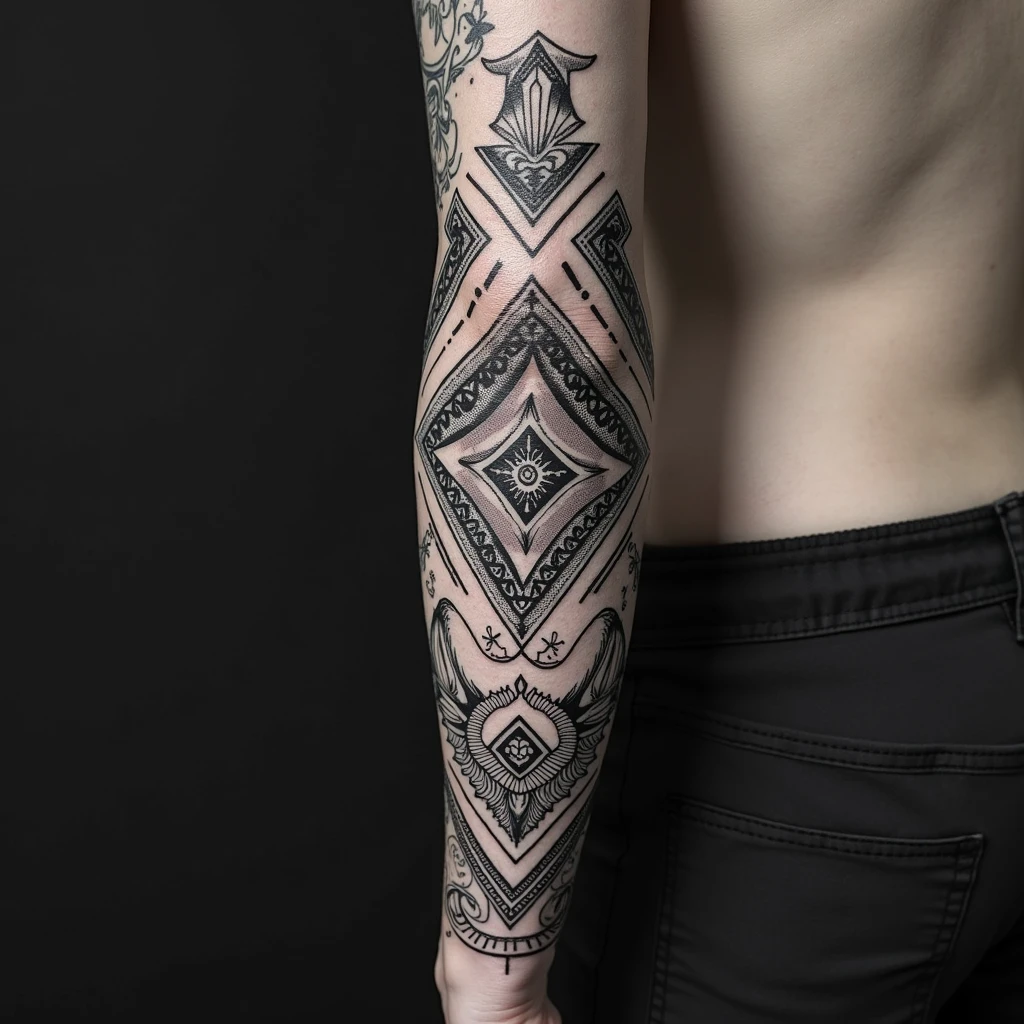 An image of an arm with a unique sleeve tattoo that has shadows