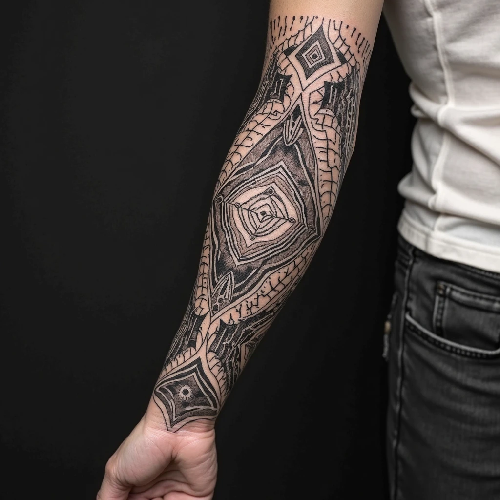 Create a thick line tattoo, that doesn't contain flowers and is for the left arm 