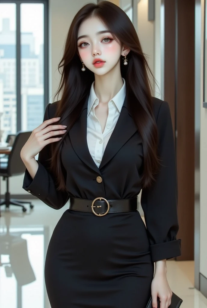 Highest quality、Super detailed、4K、Japanese、Captivating beauty、Attractive adult woman、Beautiful woman、Cool girl、evil女、brainwashingされた、brainwashing、Fallen into evil、Grin、邪evilな表情、邪evilな笑顔、evil、Brown Hair、Wavy Hair、Swept-apart bangs、Heavy makeup、Heavy makeup、Sharp Eye、Hollow Eyes,Half-closed eyes、Hollow Eyes、purple eye shadow、Black lipstick、Black lip gloss、suit、Black jacket、blouse、Black tight skirt、night、In the office、Have lipstick