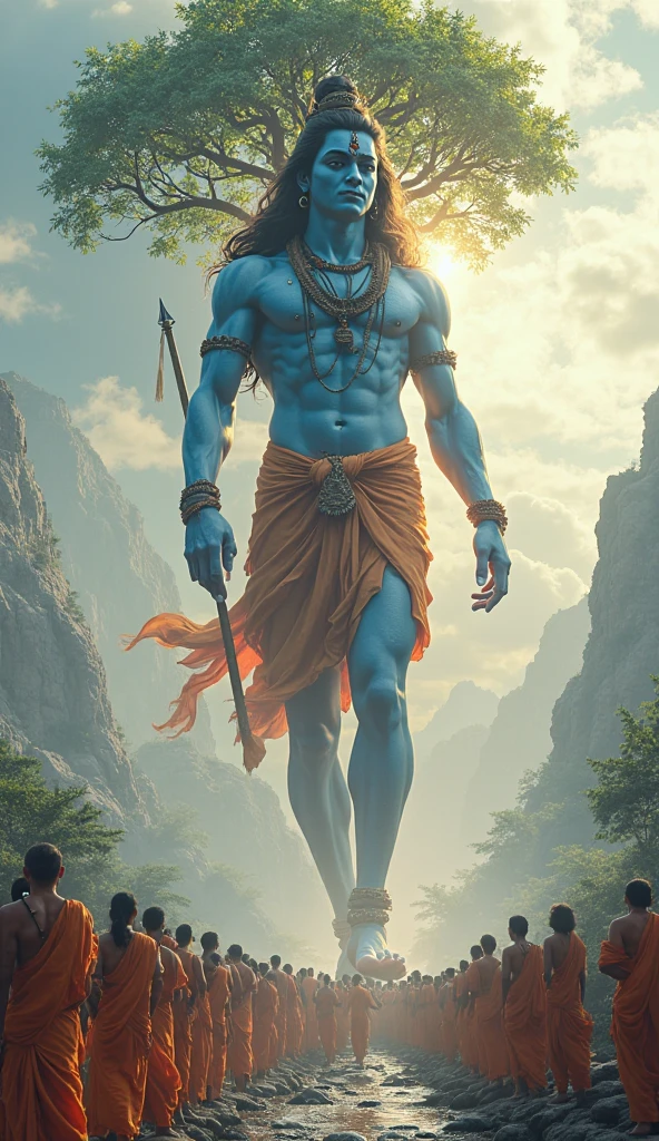 "Create a highly detailed 3D render of Lord Shiva, depicted with a peaceful expression, standing tall with his traditional attributes like the trident (Trishul), crescent moon, and snake. He should have a radiant aura around him, representing divine light. In front of him, include a young boy dressed in traditional Indian attire, looking up at him with admiration and affection. The background should be a surreal landscape with mountains, clouds, Rainbow cloud 
 and glowing light, creating a divine atmosphere."