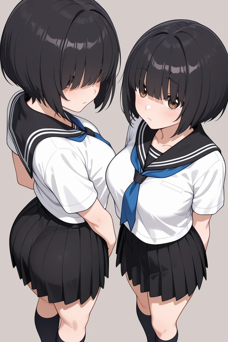 Ponytail White sailor uniform short sleeves:1.9 Dark blue collar Dark blue scarf Dark blue uniform pleated skirt Anime drawings with vivid colors Tall women:1.9 Standing pose, sweat, breasts, buttocks, troubled face, glaring, wrinkled brows, flushed cheeks, night:1.3 Apartment bedroom, white sheets, short black hair, straight hair, bangs swept to the side:1.9. Slanted eyes, brown eyes, tall, big breasts, strong-willed, beautiful