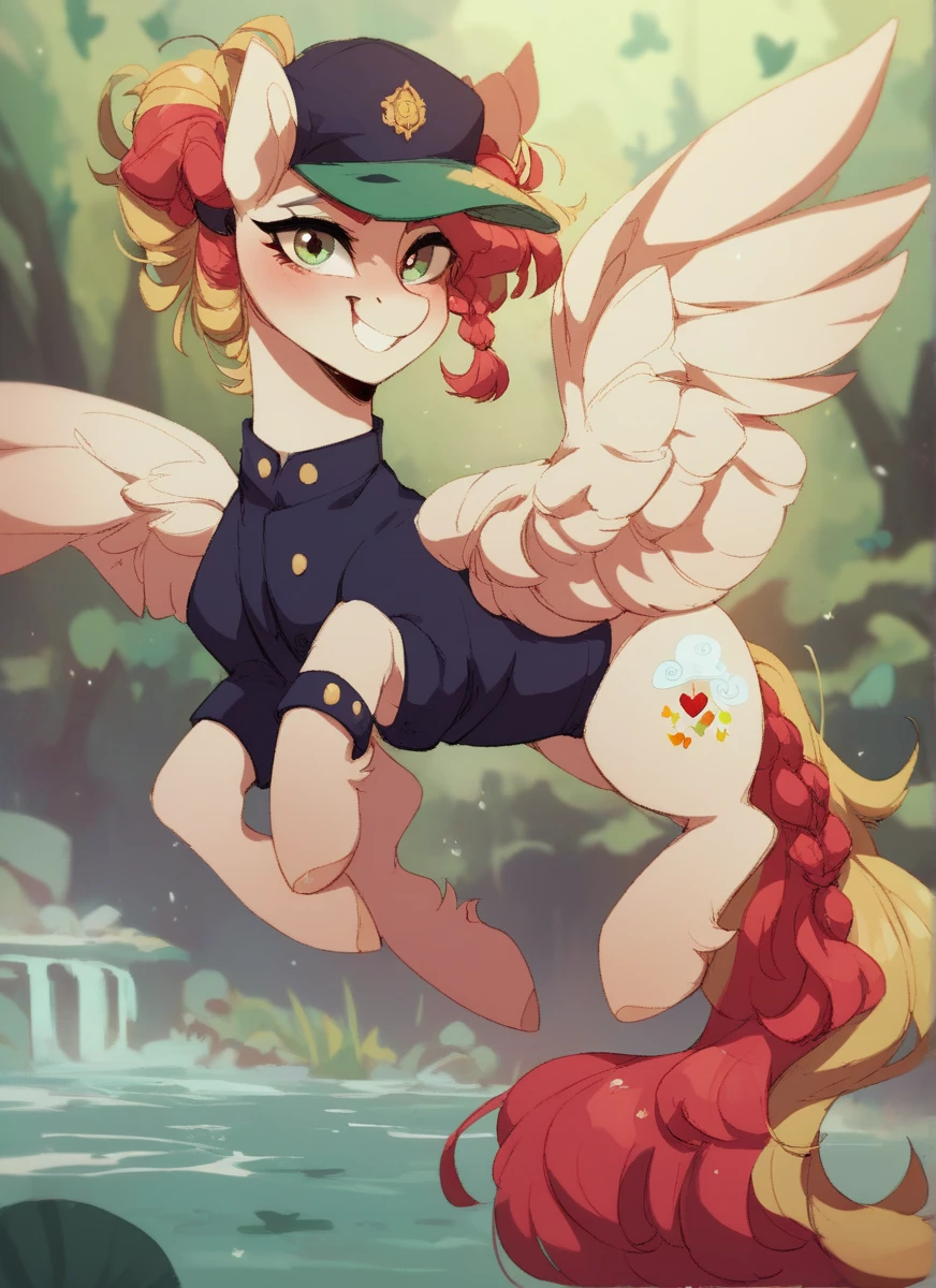 Female pegasus pony, brown fur, red hair, green eyes, green polka dot bandanna in hair on head, white feathers on wings,  large crotchboobs, fishnet stockings, standing, anal penetration