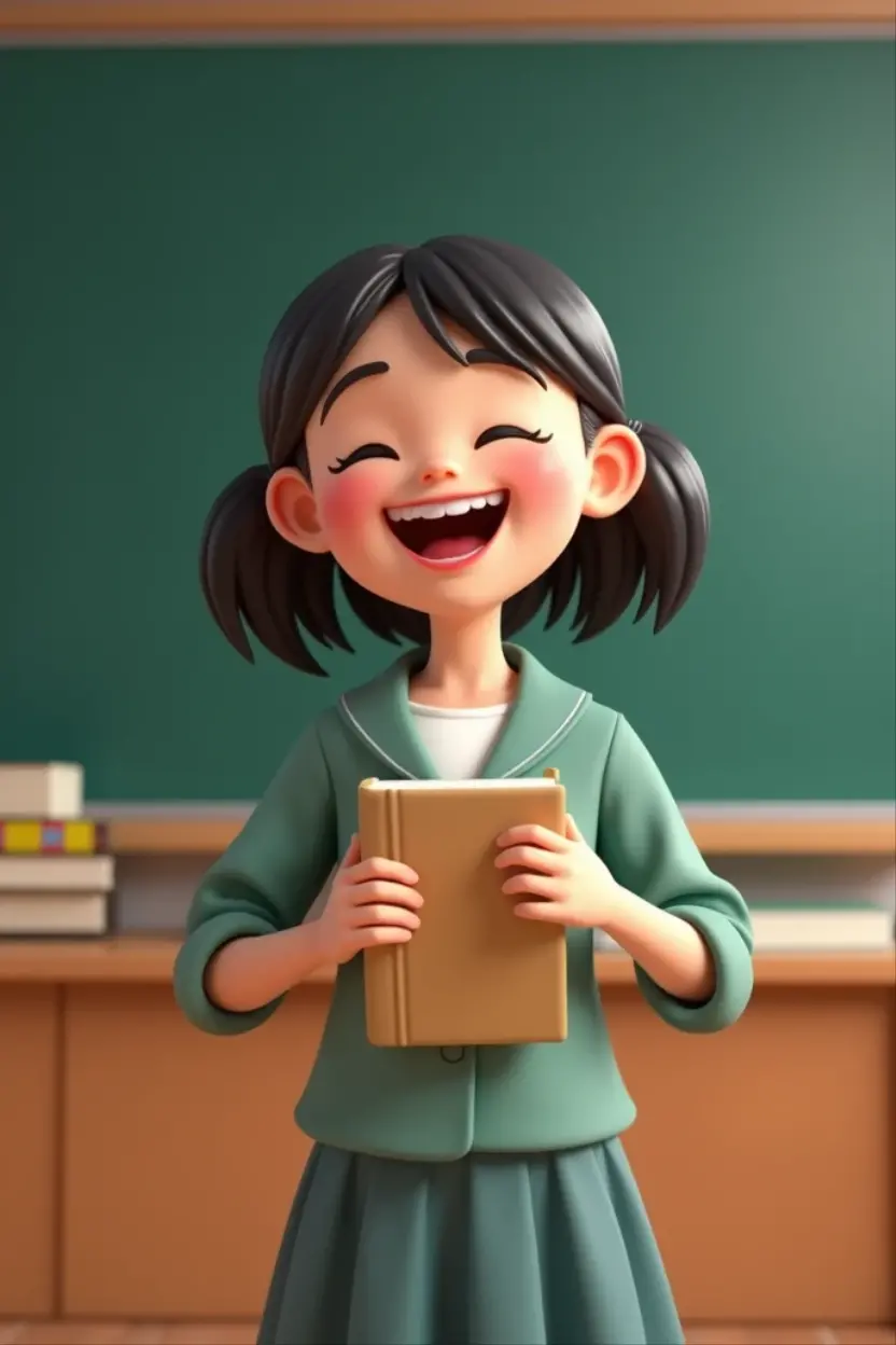 A foreign girl is standing in front of the blackboard,Book in hand,Wearing school uniform,Smiling happy expression,Cartoon 3D style