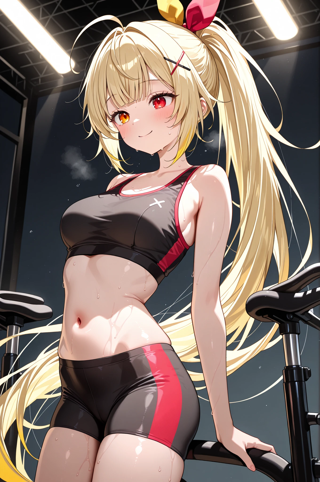 yamada elf,(chibi),blonde hair, long hair, drill hair, brown eyes, pointy ears,(white gym shirt, short sleeve,gym uniform,white bike shorts:1.3),midriff,(upper body:1.3),blush,(spread legs:1.3),(cameltoe:1.7),smile,masterpiece,Noise Reduction,perfect anatomy,high resolution, ultra-detailed, ultra-detailed face,game cg,dutch angle ,beautiful detailed eyes,visualart,five fingers, perfect hands, perfect lighting, sparkling pupils,