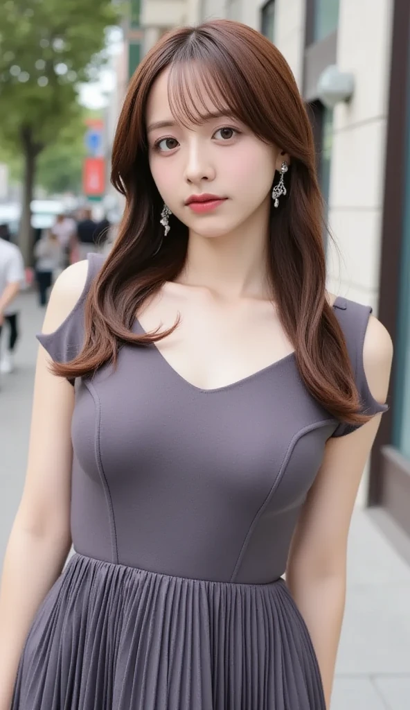 (1 Korean girl with royal sister style), ((best quality, 8k, masterpiece: 1.3)), (front photo), perfect body beauty: 1.4, (hips, extremely beautiful legs: 1.2), (smile), (Street: 1.3), highly detailed face and skin texture, fine eyes, double eyelids, whitened skin, (shawl hair: 1.3), (round face: 1.5), (purple strapless dress: 1.4),