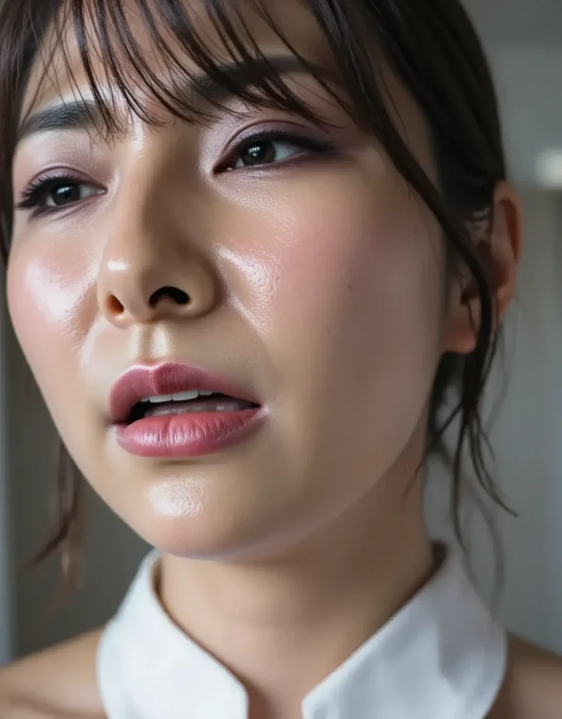 beautiful japanese actress,(photo realistic:1.4), (hyper realistic:1.4), (realistic:1.3),very detailed, edge orgasm,face Focus, woman with open mouth and closed eyes , woman with edge _face、35 years old、black haired、CNN news anchor、very small toilet,((Sweat)),((skin shining with Sweat))((Clabrasion glistening with Sweat,face shining with Sweat)),((Sweaty skin))((Sweaty skin)),Entrance to the house、in front of the front door、in front of the shoe box、white collared shirt,tied up hair、teacher,can'Keep an eye on your penis,