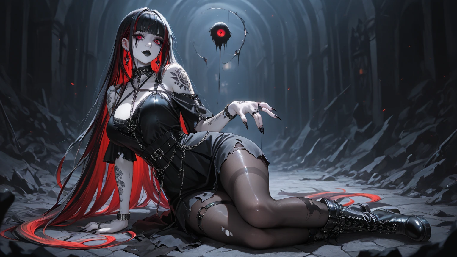 (Highest quality,4K,High resolution,masterpiece:1.2),Very detailed,Realistic:1.37,Spooky altar background,Dark fantasy,Red color scheme,Ominous atmosphere,Eye-catching,Storytelling,anatomy,Anime Style,Concept Art,beautiful細部までこだわった顔と (((Red eyes ))),A terrifying ritual ,Satanic Ritual,Premature death,Improper behavior,クレイジーなsmile,Scythe Face,Girl Monster, beautiful, Delicate facial features, Sharp Eye, Sharp Fangs, Pale skin, Thick chain, Dark Background, Cinema Lighting, Dramatic Shadows, Gothic style, Gloomy atmosphere, Dark fantasy, One Girl, , Please open your mouth wide, Open your mouth and baring your teeth,Sharp teeth like a beast, Wide lips, very wide mouth, Vermilion cheeks, ,(Blood splatter:1.4),Scary smile, smile,Wizard Design, Twisted smile、Bloody、bleeding from the head,,,,、Blood splatter、,(Blood splatter:1.4),skull,Horror Style, ((Fantasy Wizard Costume)), ((Flowing black hair)), ,(Blood splatter:1.4),Female curves, Sexy flat stomach, Perfect hands, Perfect anime face, ((Black Lolita Dresses)), Are standing, ((邪悪なsmile)), ,(Blood splatter:1.4), Steam circulates, night lighting, (Blood splatter:1.6),アニメWizard Design, Twisted smile、Bloody、bleeding from the head,,,,、Blood splatter、,(Blood splatter:1.4), skull,Gothic architecture、Western architecture、Fantasy World、,Victorian cities, Skeleton Gas Light,