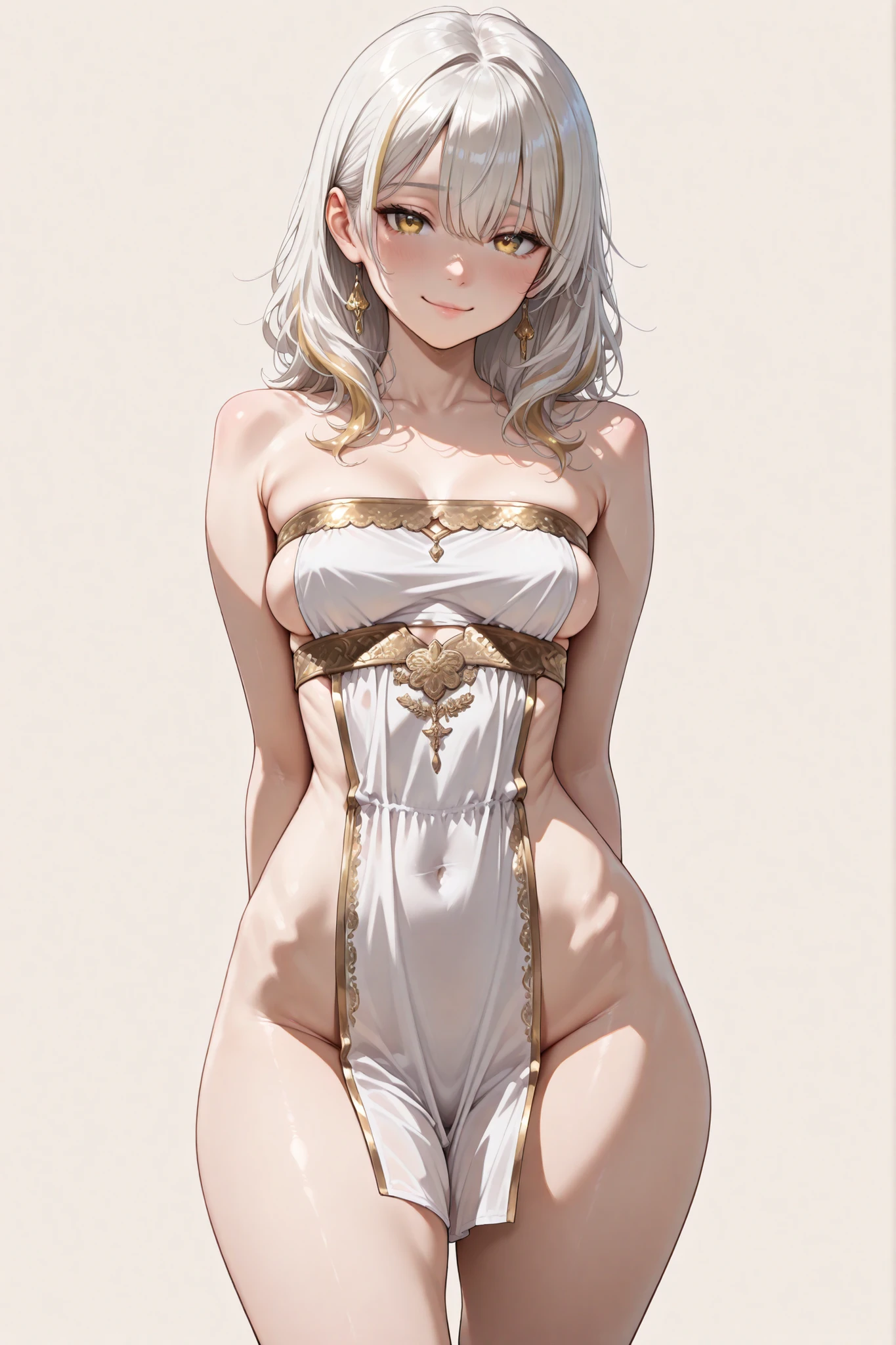 (masterpiece), best quality, expressive eyes, perfect face,1 girl, medium breasts, breast expansion, seductive pose, looking at viewer, cowboy shot, straight expression, ((white top, cropped top, sideless, sideboobs, white Loincloth, micro pelvic Curtain, no strings, stringless, curtain dress, extremely micro dress, thigh length dress, visible hips, wide hips, micro Loincloth, strapless, bare shoulder, sleeveless, bare chest, bare neck, no panties)), (( medium hairs, white hairs with gold highlights, gold eyes, which thighs, semi realistic, thigh length, plain background, gold embroidery)), semi realistic, standing, Balletcore, shy, white outline, smiling, visible hips, hands behind the back