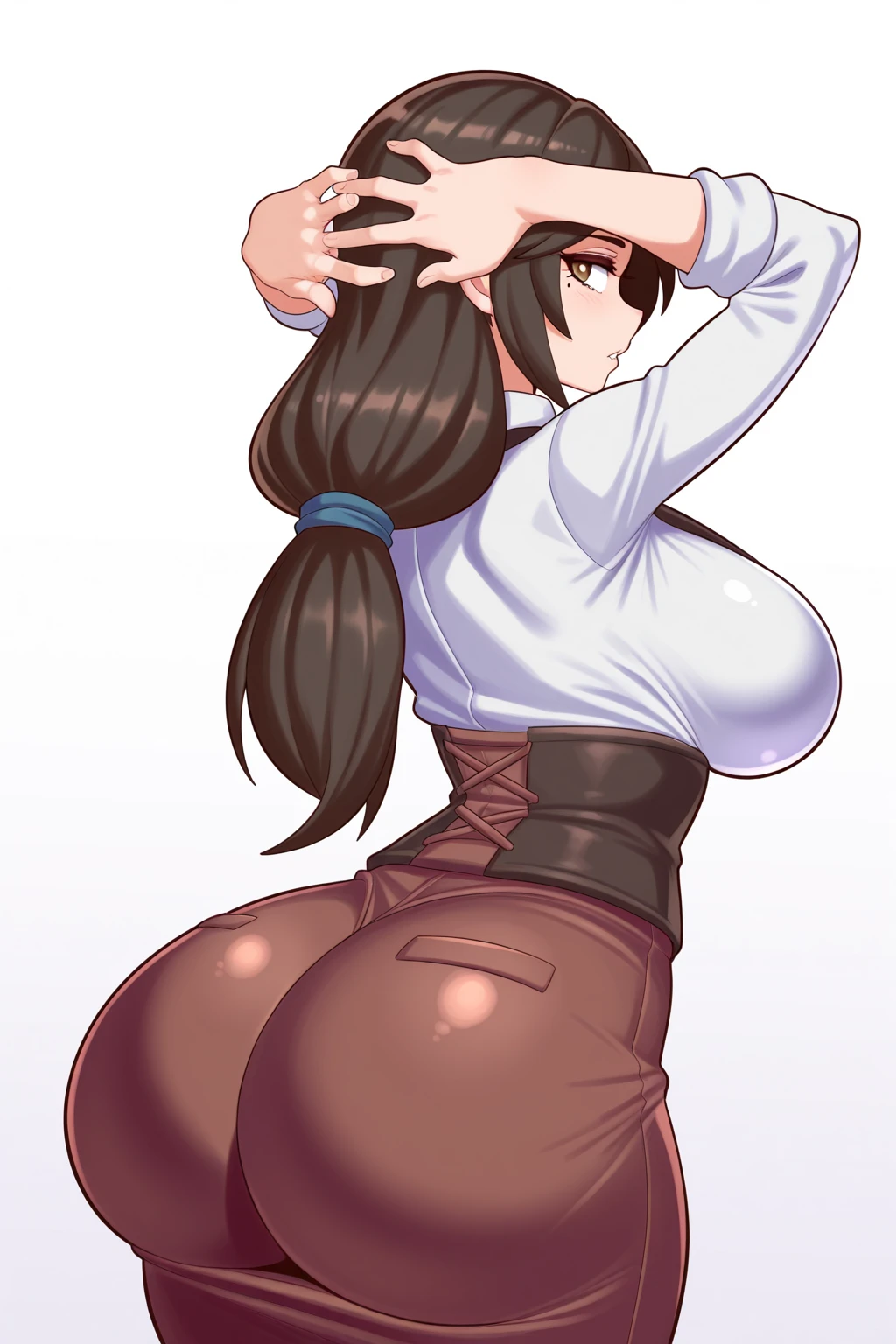 Best quality, (masterpiece:1.3), (best quality:1.2), (thick outlines:1.4), cute, (princess zelda)), solo, female, long hair, big eyes, big eyebrows, smirk, slim waist, happy smile, curvy body, (voluptuous, wide hips, thigh gap), bottom heavy (huge ass, thick thighs, tight black leggings, from behind), happy clouds