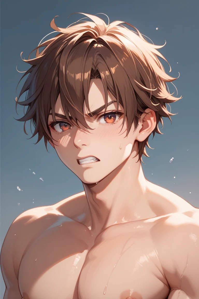 high quality, detailed, 22 years old bulky japanese boy, detailed brown eyes, (abs:1.5), (tanned dark brown shiny skin:1.5), (detailed areola:1.4), black short hair, (black tiny thong), (puffy bulge), pool