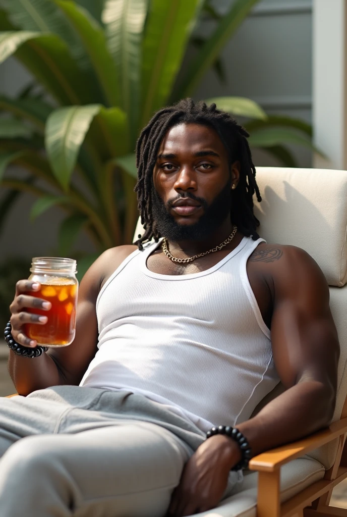 Black man, sugarcane at background, holding a cup of green tea, giving a dislike thumb