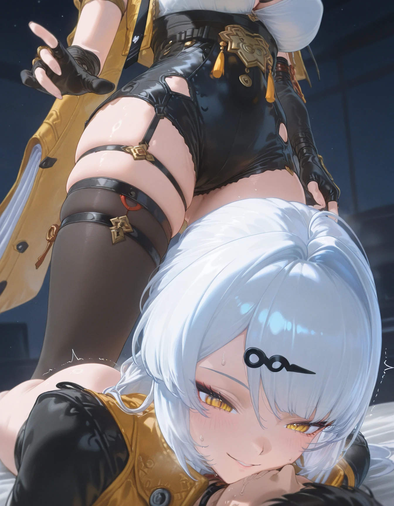 Eve from Stellar Blade wearing costume of 2b from nier automata standing together doing standing split, Beautiful Woman Doing Standing Split in Bikini, EVE, star sword, 2b, nier automata, big breasts, curvy body, thick thighs, 1 girl,Alone,Heavy makeup,beautiful,earrings,ring braid,(lascivious smile:1.1),Horse tail,idol,out, ,(playa:1.1), nude, naked, porn, sexual