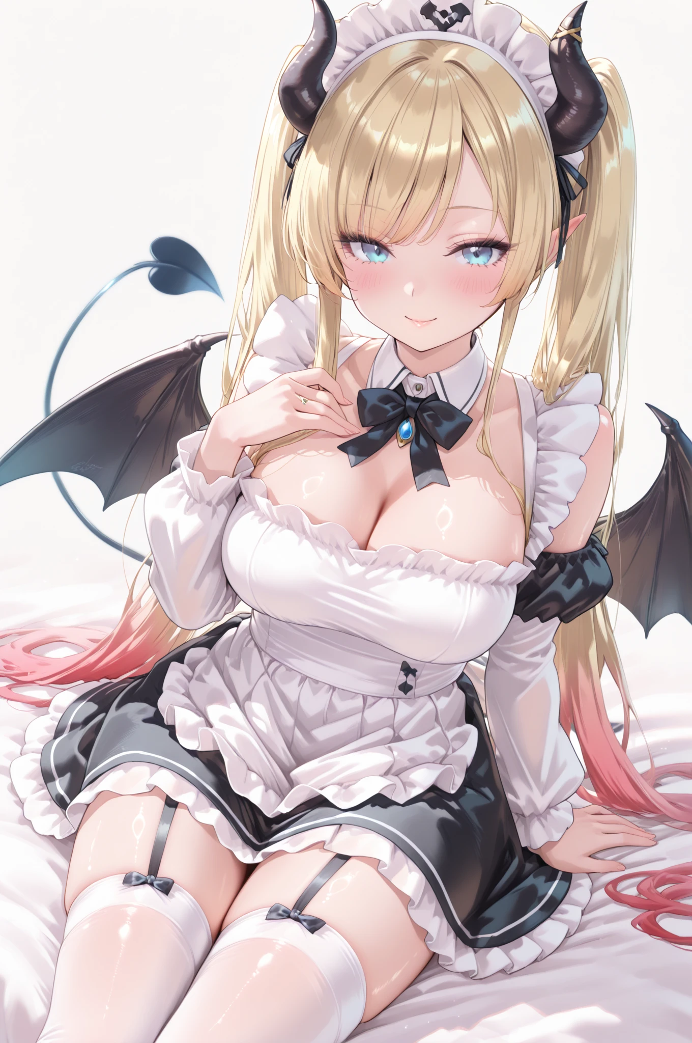 Nsfw,(highest quality,8K,32k,masterpiece),(High resolution),Super detailed,very beautiful face and eyes,1 girl,(close,highest quality,high detail,Rich skin details),(highest quality,8K,oil paint:1.2),Super detailed,tareme,
Blond hair,short hair,Lovely white clothes,Complements a variety of shades of black,There is a delicate makeup,shining face,Exquisite,Brilliantred eyes,Feel like a sweet girl,gigantic breast,nipples,Succubus,devil wing,horn,spread legs,pussy,sringshot,cum,moon,(smile:1.5),(standing naked men,penis,handjob:1.3)