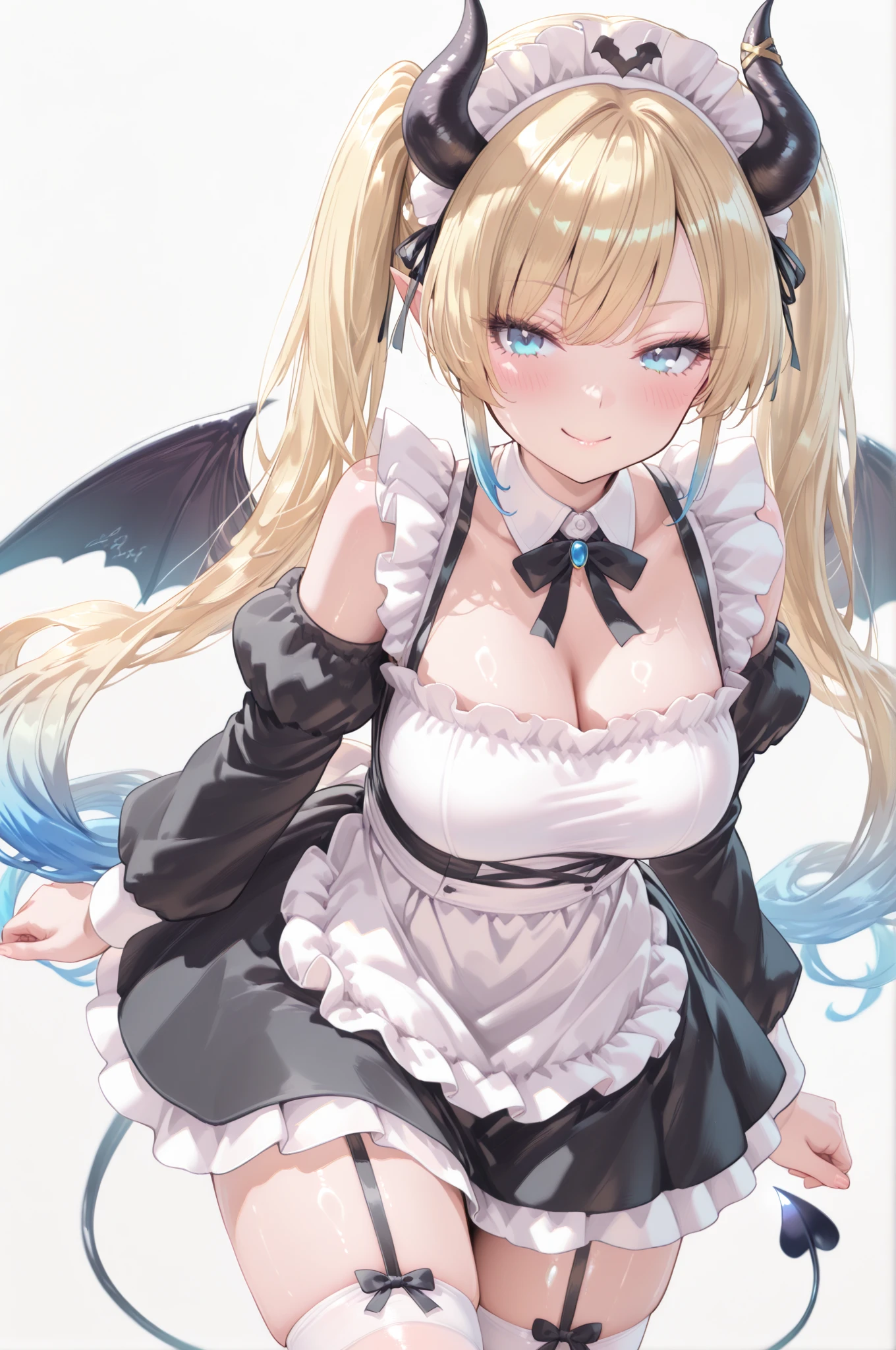 1girl, virtual youtuber, solo, animal ears, breasts, tail, cat ears, blue eyes, skirt, twintails, purple skirt, long hair, white background, full body, socks, cat girl, animal ear fluff, cat tail, wings, hair ornament, cleavage, medium breasts, clothing cutout, bandaid, blonde hair, looking at viewer, chain, simple background, very long hair, bangs, black footwear, closed mouth, shirt, white shirt, smile, mini wings, heart, heart hair ornament