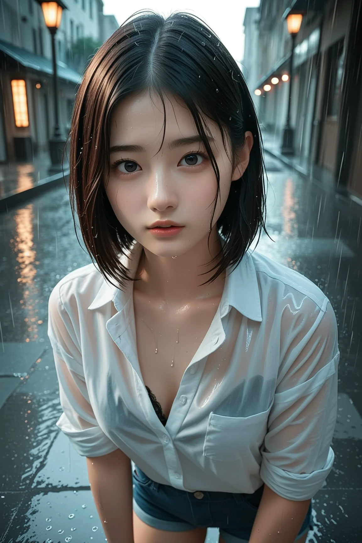 Best picture quality, masterpiece, ultra high resolution, (fidelity :1.4), photo, 1 girl,[(sadness)],white shirt, Dim, dark, desperate, pitying, pitiful, cinematic,tear,teardrop,(Torn clothes:1.5), (Wet clothes:1.4), bare shoulders,Real rain,wet hair,..