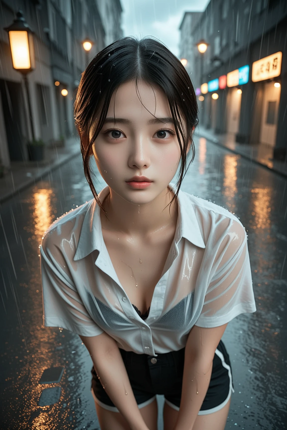 (((best quality))),(((ultra detailed))),(((masterpiece))),illustration,((1 beautiful girl,solo)),(dancing pose:1.3),((slim,thin)),short ponytail,((small breasts,flat chest)),floral collared short-sleeved shirt-dress,slender legs,rainy night, heavy rain, drenched clothes, melancholy expression, solitude, tear rolling down cheek, wet hair, empty streets, dimly lit, deserted environment, sound of rain, footsteps, symbol of hope, abandoned, resilience, determination, walking in rain, heartbreak, loss, love fading, loneliness, body language, facial expression, dreary atmosphere, rain-soaked streets, somber mood, viewer engagement,from front,urban scape,night scene,(((wet,sweat,shiny skin))),((from front,upper body)),
