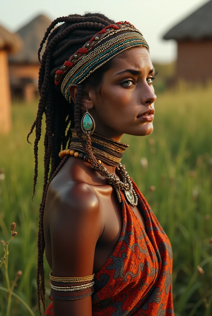 mulher com dreadlocks e um cocar colorido, Estilo Afrofuturist, afrofuturism, Queen African, african princess deslumbrante, black african princess, futuristic himba teenage girl, Afrofuturist, futuristic himba young woman, african princess, Afrofuturist, dark skin female goddess of love, beautiful futuristic himba woman, Afrocentric mysticism, 1mm silver chain necklace with small simple cabochon pendant