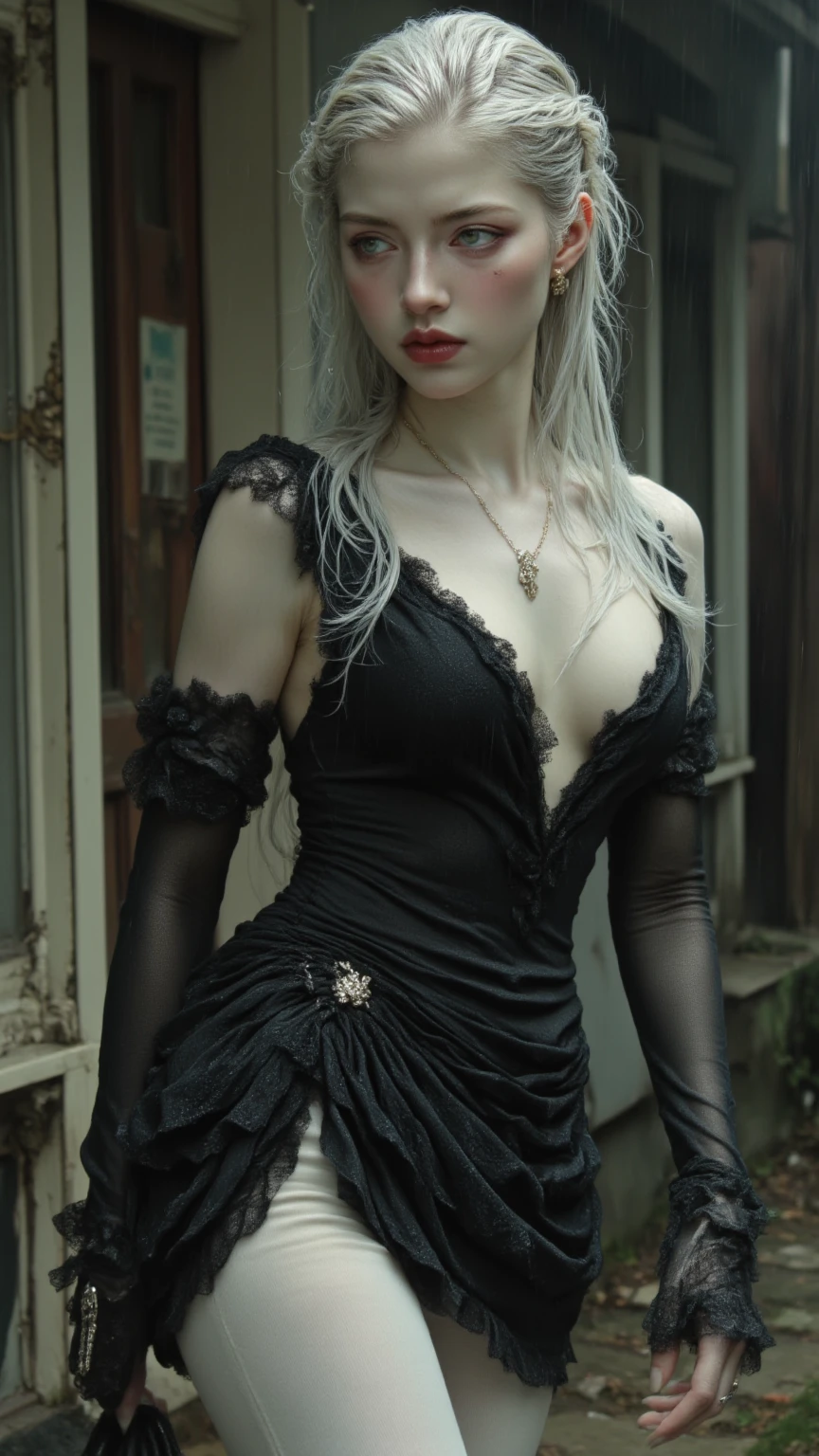 glossy lips、Blonde Pixie Hair、hyperdetailed face、Detailed lips、A detailed eye、Double eyelids、耳Nipple Ring、Bracelet、Small necklace、Dark eyeliner、Iris heterochromatic eyes, thick eyebrow、(Colossal tits:1.3)、((full body Esbian))、((Women after exercise))、(Erotic face),(Dark eyeshadow)、(hposing Gravure Idol)、((toned thighs)),(fashion model posing)、((1人の女性))、(Woman in black gothic dress)、(In a dimly lit castle room)、the witch、Goth loli clothes、Artoria Pendragon,low-key lighting、8K,masuter piece、(Gothic Lolita)、
