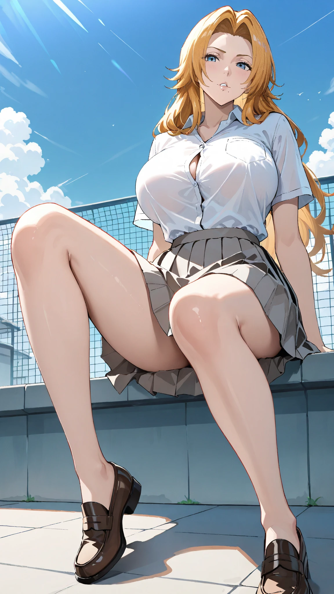 (highest quality: 1.2, Highly detailed, Latest, Vibrant, Super detail, Ultra-high resolution, High contrast, masterpiece: 1.2, highest quality, Best aesthetics, aya:0.9), alone, (1 woman), /( teacher/ ), (teacher), long hair, blonde hair, (red eyes: 1.3), long hair with brown highlights, thighs, black skirt,white shirt,sexy, cleavage, painted nails,thighs with tights, glasses, classroom, shake hands welcome, pink lips, heels, sexy thigh, detailed leg, dynamic angle, random pause, highly detailed face and skin texture, cowboy shot,marin kitagawa,look from below,thongs,pantyhose,seductive smile,one leg stand on chair, smiling , one leg up,red nails, large breasts , pantyhose,
