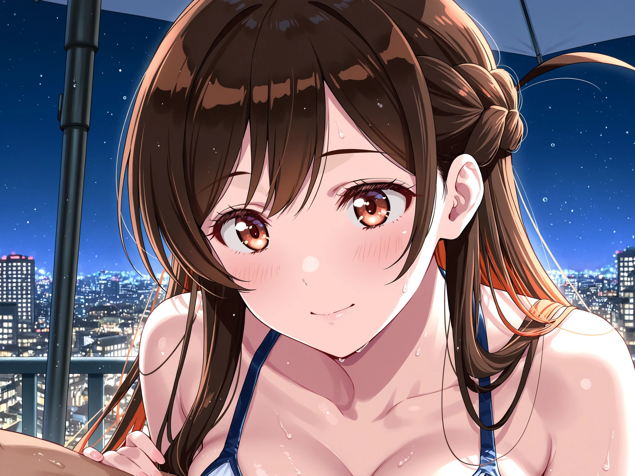 ((masterpiece,Highest quality)), High resolution, Highly detailed 8K wallpapers, depth_of_Field, Are standing, above knee view, alone, 1人of, Saeki Sayaka Yagatekimininaru, Long Hair, 薄茶色of髪, Braiding, 緑of目, bow, Big Breasts, , Completely naked、Nipples、Pool, night,