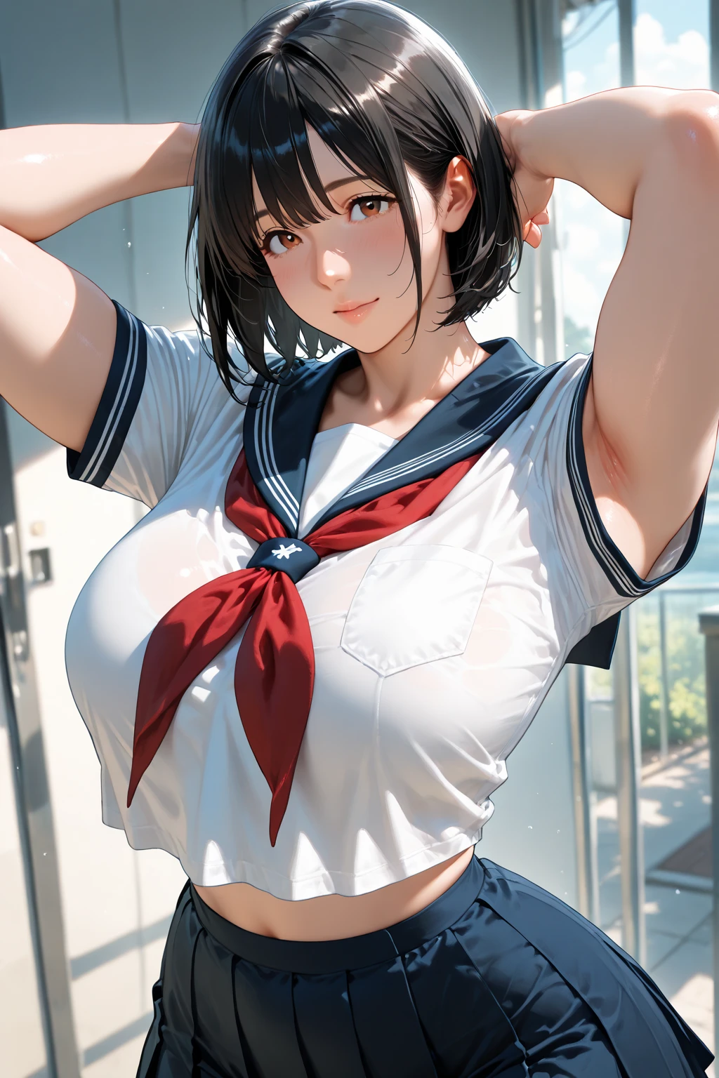 Girl in a sailor suit, tops short and underboobs showing, skirt short, erotic, sexy