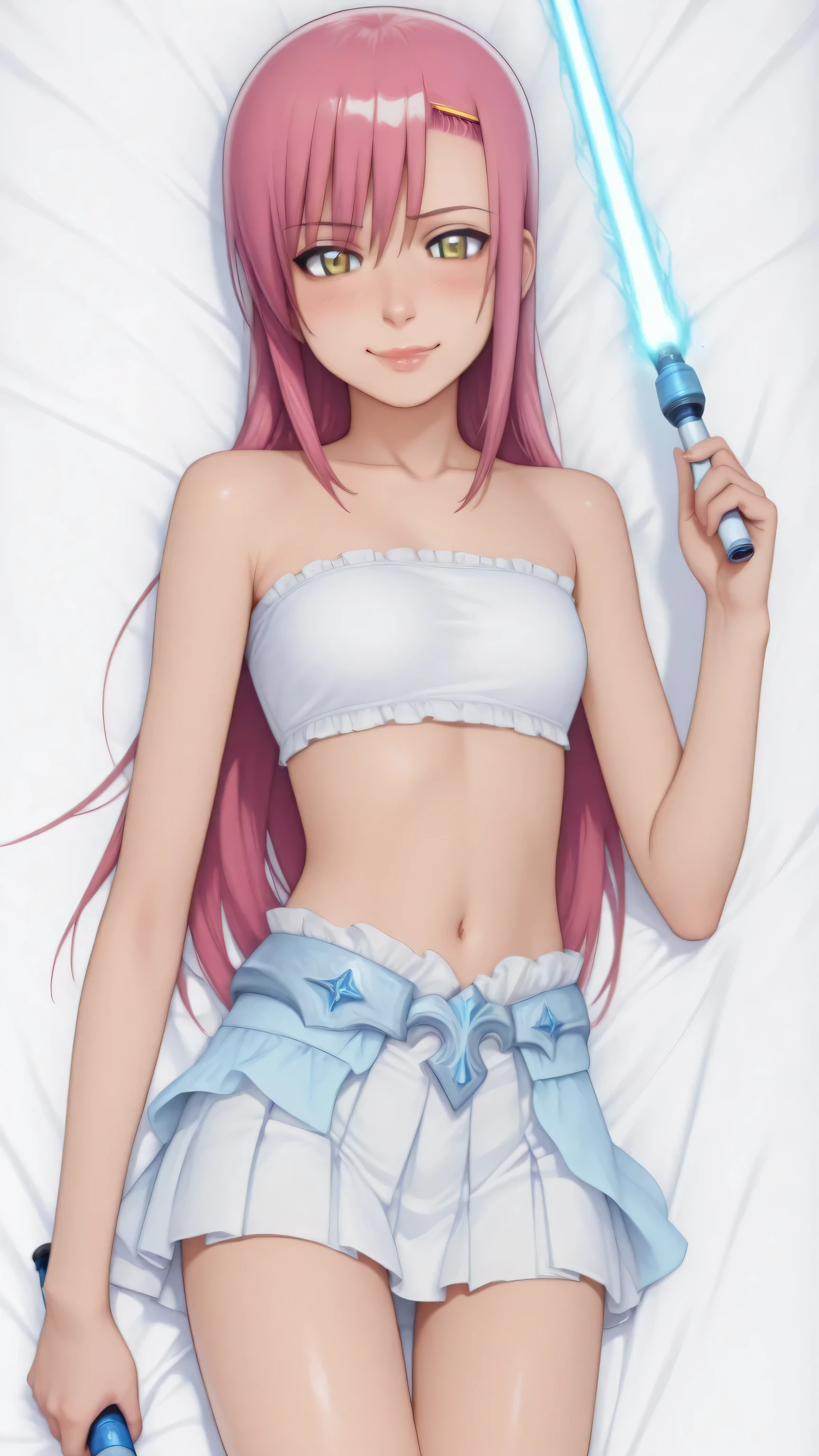1 girl, ,hinagiku katsura, pink long hair, yellow eyes, white Bandeau Bralette , white mini skirt, masterpiece, dakimakura, Padawan, holding a lightsabre, blue lightsabre in hand, portal behind her, face only, high quality facial features, lip gloss, sweet smile,
