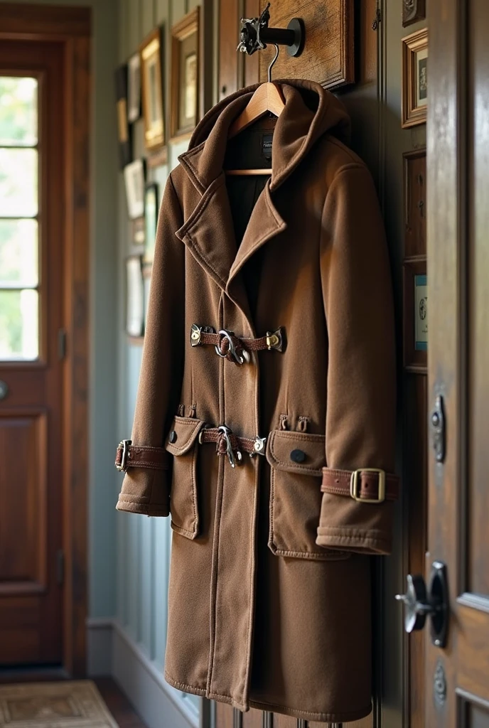 a collar and a leash hanging on a coat rack*