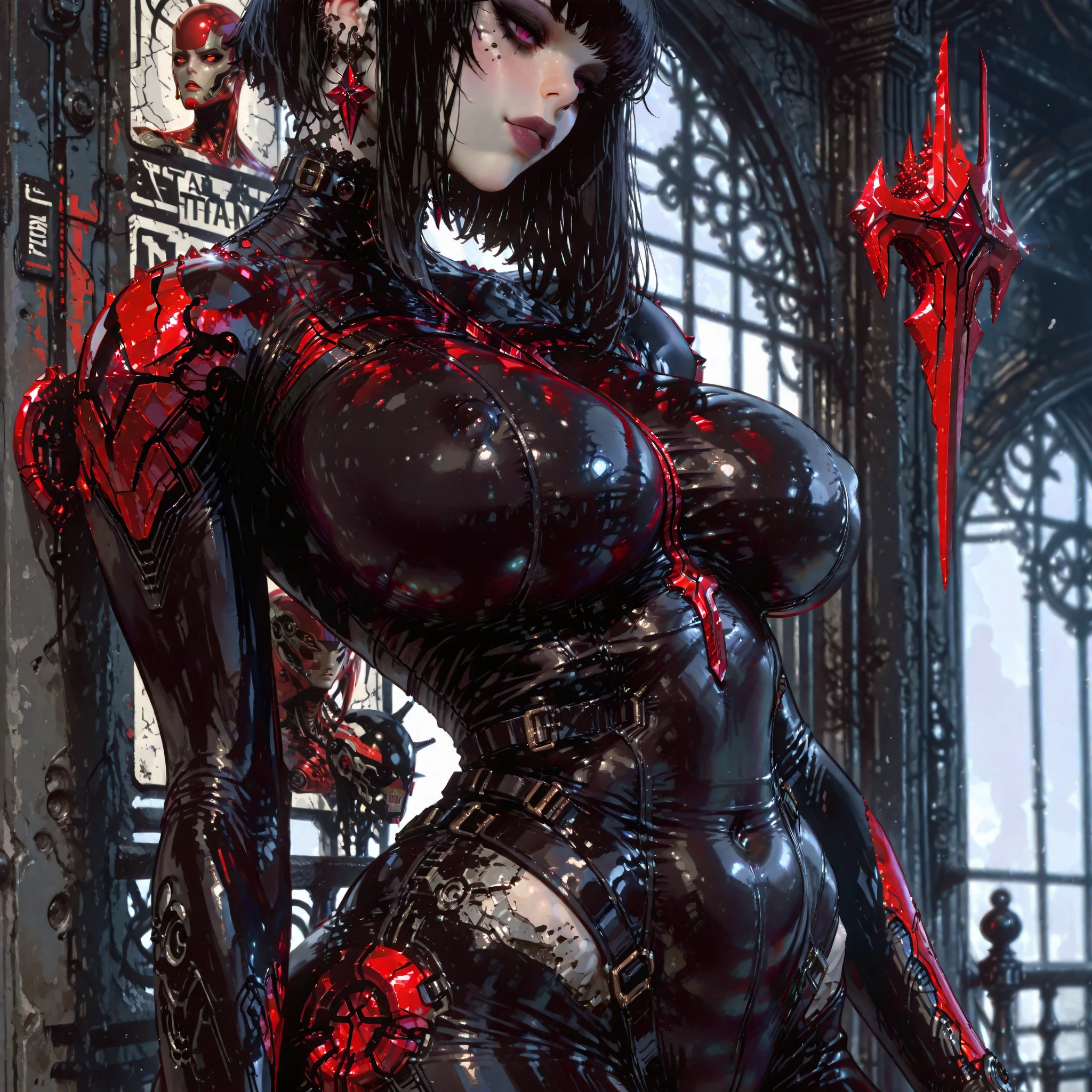 As the sun sets on the ruined city, a beautiful vampire woman emerges from the shadows, her ethereal beauty in stark contrast to the decaying world around her. With her sharp fangs and deadly weapons, she is a force to be reckoned with as she hunts down her enemies.